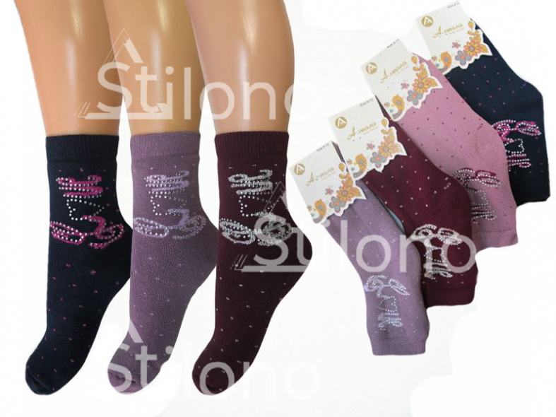 Носки для девочки с рисунком и стразами махровые A.VEASA 1-721 Д